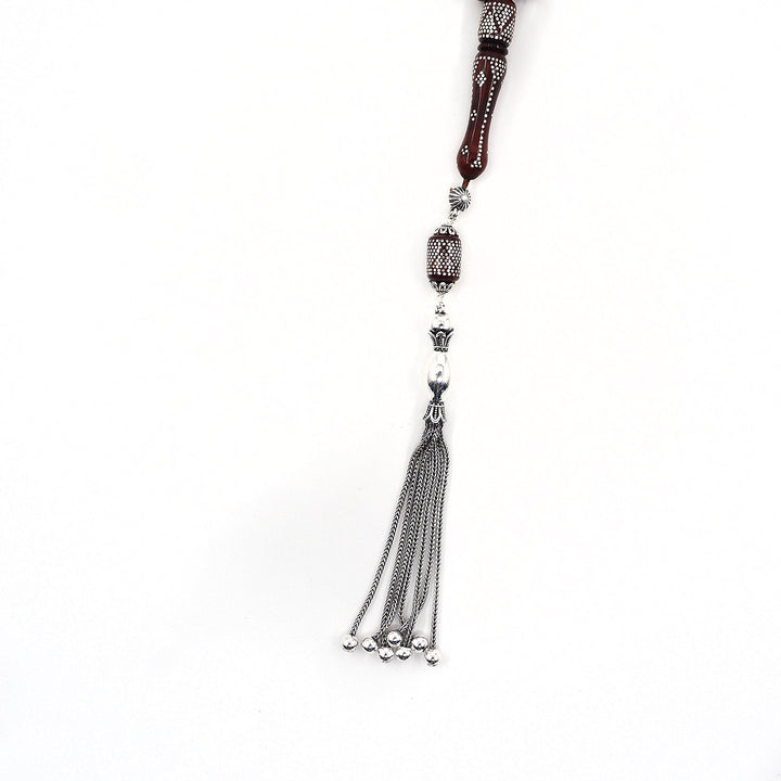 Silver Inlaid Capsule Cut Kuka Wood Tasbeeh (with Silver Tassel &amp; Special Box) - WATD501