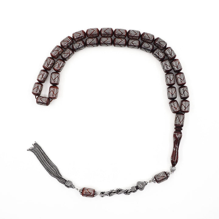 Silver Inlaid Capsule Cut Kuka Wood Tasbeeh (with Silver Tassel &amp; Special Box) - WATD502