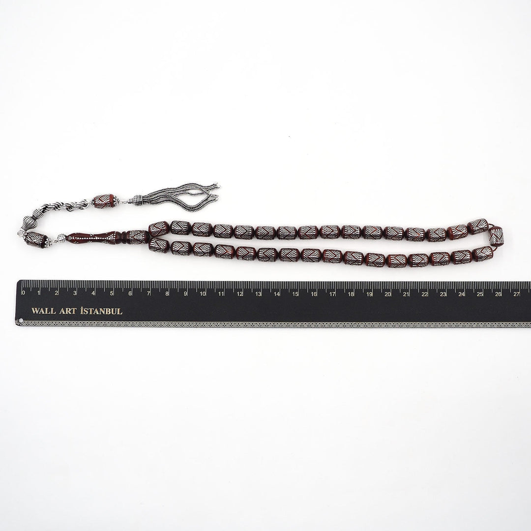 Silver Inlaid Capsule Cut Kuka Wood Tasbeeh (with Silver Tassel &amp; Special Box) - WATD502