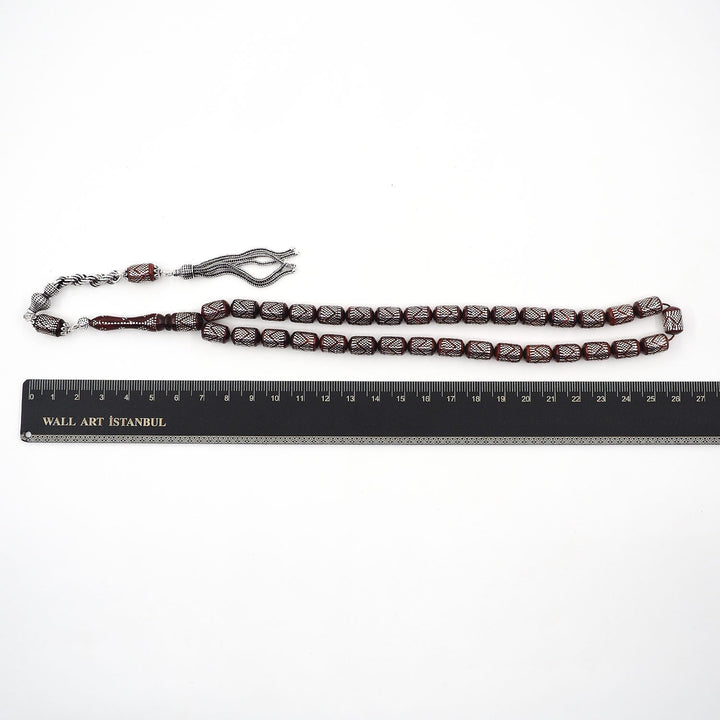 Silver Inlaid Capsule Cut Kuka Wood Tasbeeh (with Silver Tassel &amp; Special Box) - WATD502