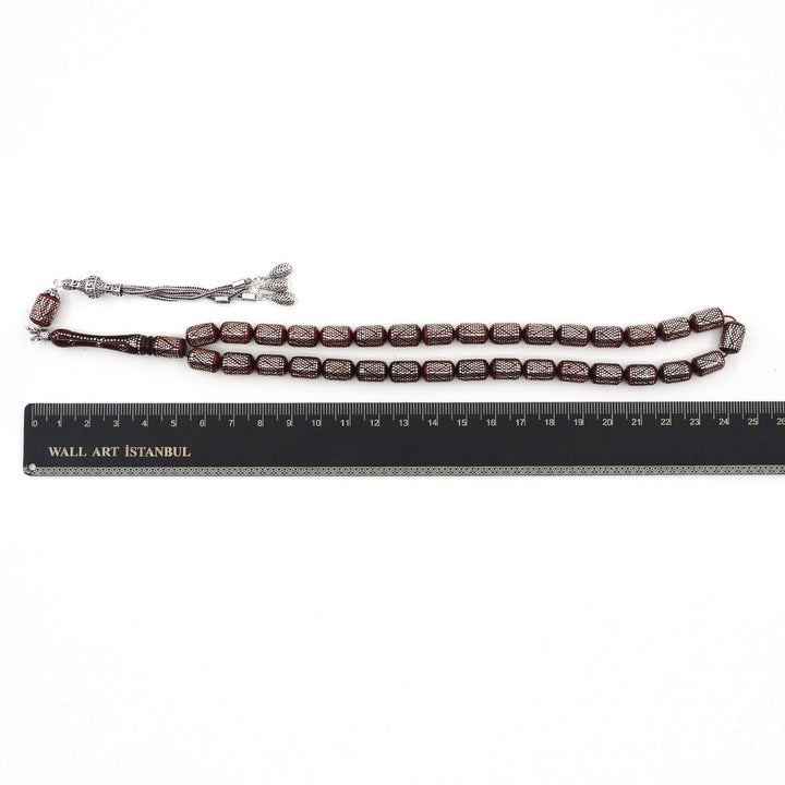 Silver Inlaid Capsule Cut Kuka Wood Tasbeeh (with Silver Tassel &amp; Special Box) - WATD503