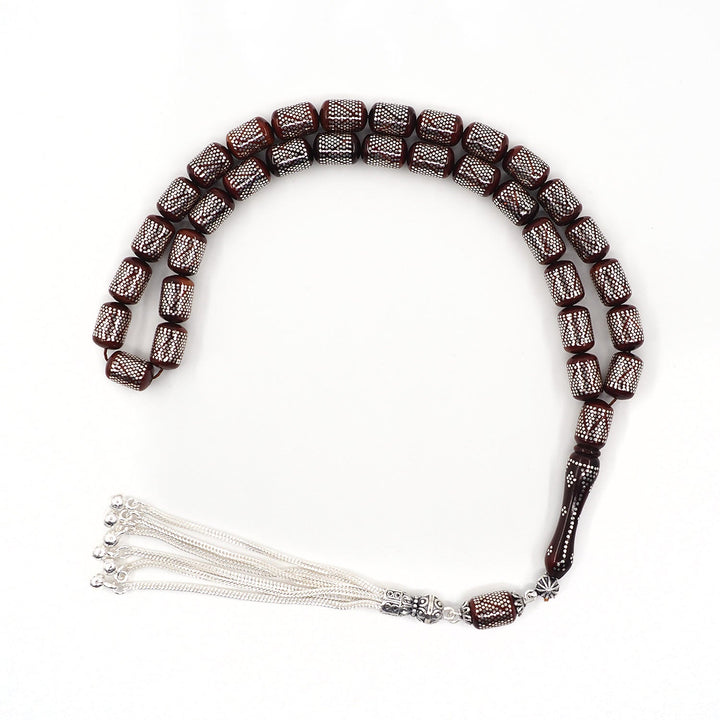 Silver Inlaid Capsule Cut Kuka Wood Tasbeeh (with Silver Tassel &amp; Special Box) - WATD504
