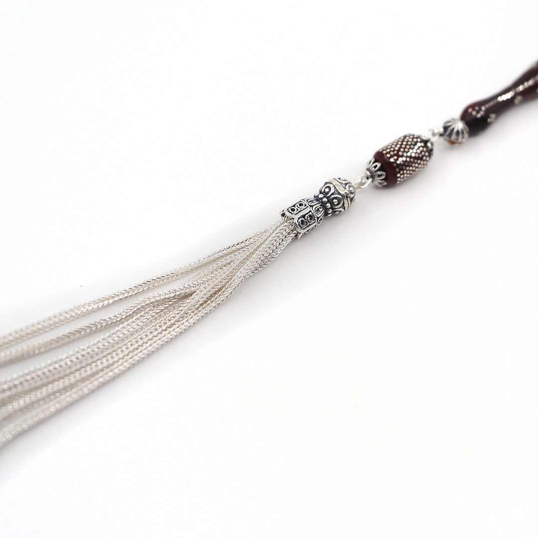 Silver Inlaid Capsule Cut Kuka Wood Tasbeeh (with Silver Tassel &amp; Special Box) - WATD504