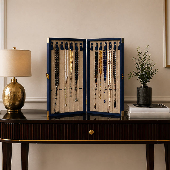 Exclusive Navy Blue Leather-Covered Wooden Tasbeeh Case (For up to 14 Tasbeehs) - WATD506