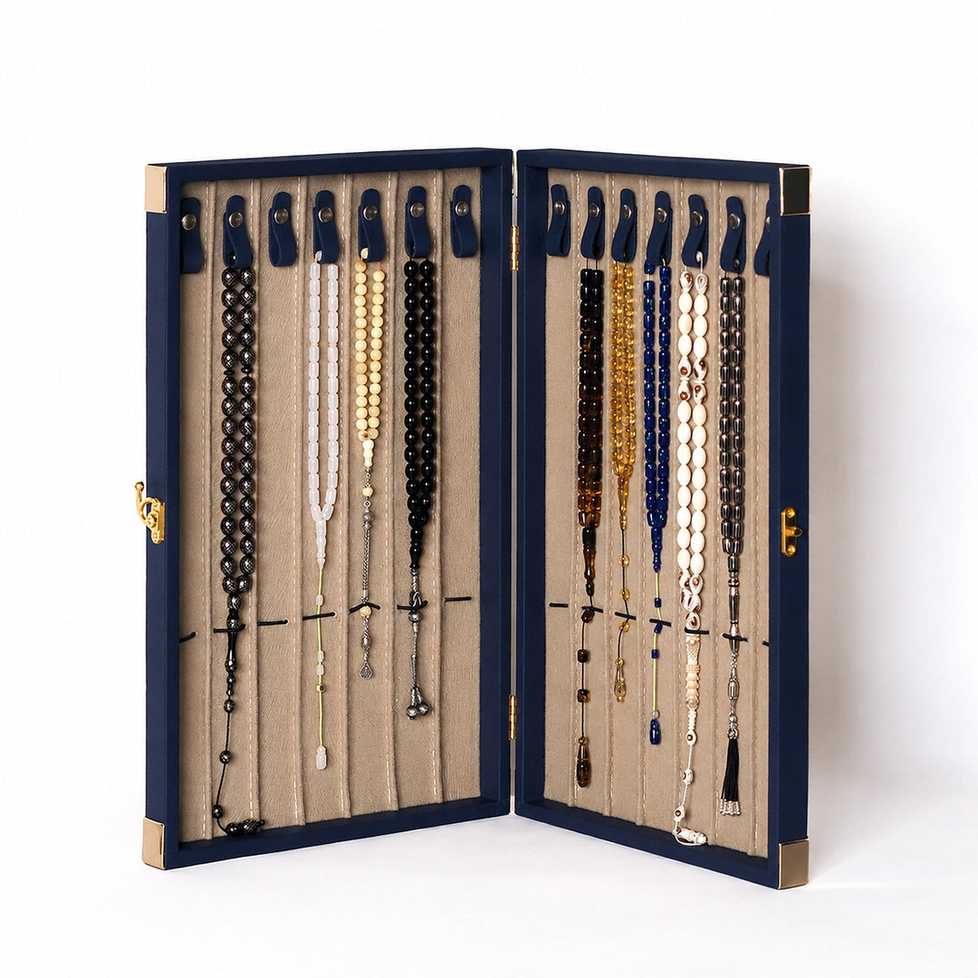 Exclusive Navy Blue Leather-Covered Wooden Tasbeeh Case (For up to 14 Tasbeehs) - WATD506