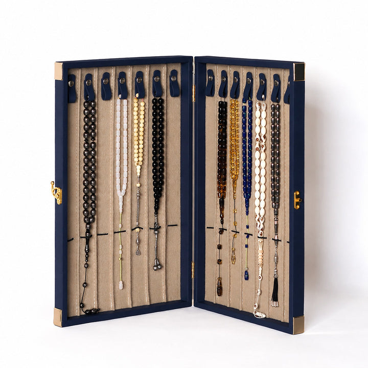 Exclusive Navy Blue Leather-Covered Wooden Tasbeeh Case (For up to 14 Tasbeehs) - WATD506