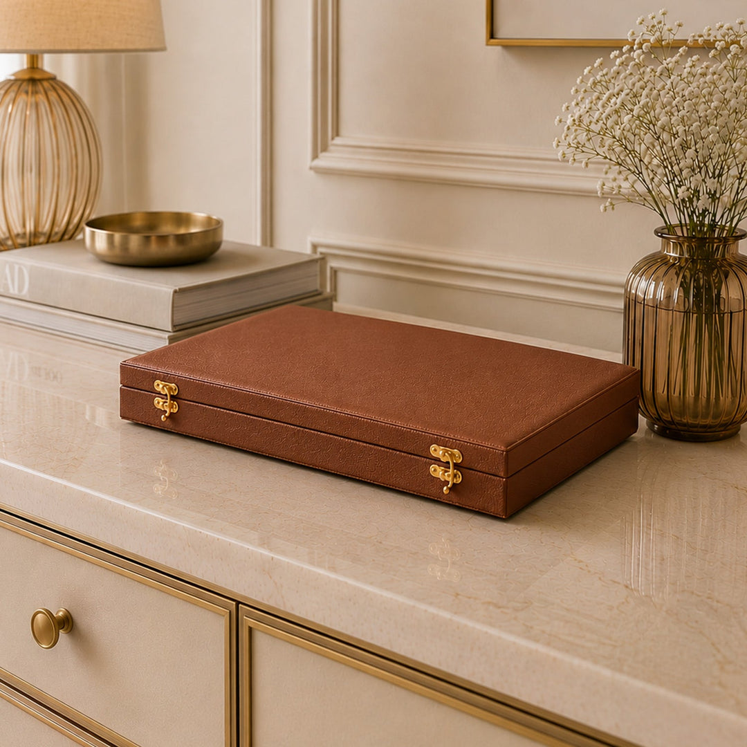 Exclusive Tan Brown Leather-Covered Wooden Tasbeeh Case (For up to 11 Tasbeehs) - WATD507