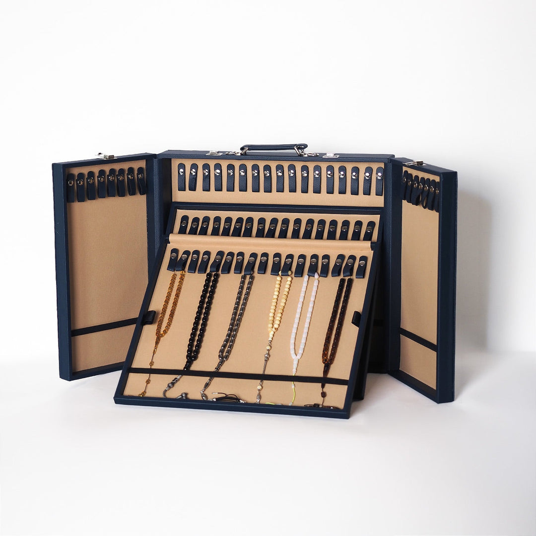 Exclusive Navy Blue Leather-Covered Wooden Tasbeeh Case (For up to 67 Tasbeehs) - WATD511
