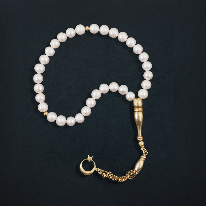 Genuine Pearl Tasbeeh with Crescent &amp; Star Theme and Gold-Plated 925 Sterling Silver Tassel - WATD651