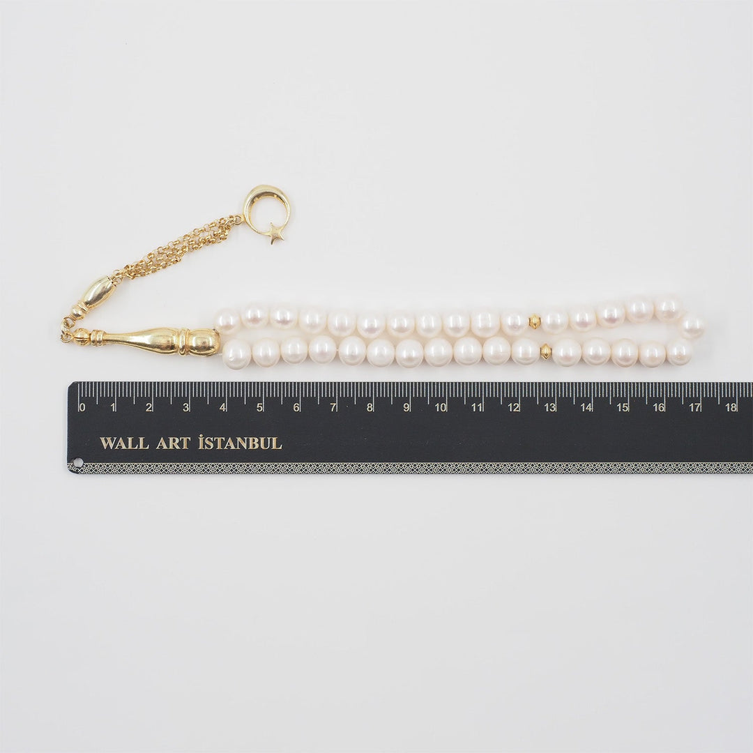 Genuine Pearl Tasbeeh with Crescent &amp; Star Theme and Gold-Plated 925 Sterling Silver Tassel - WATD651