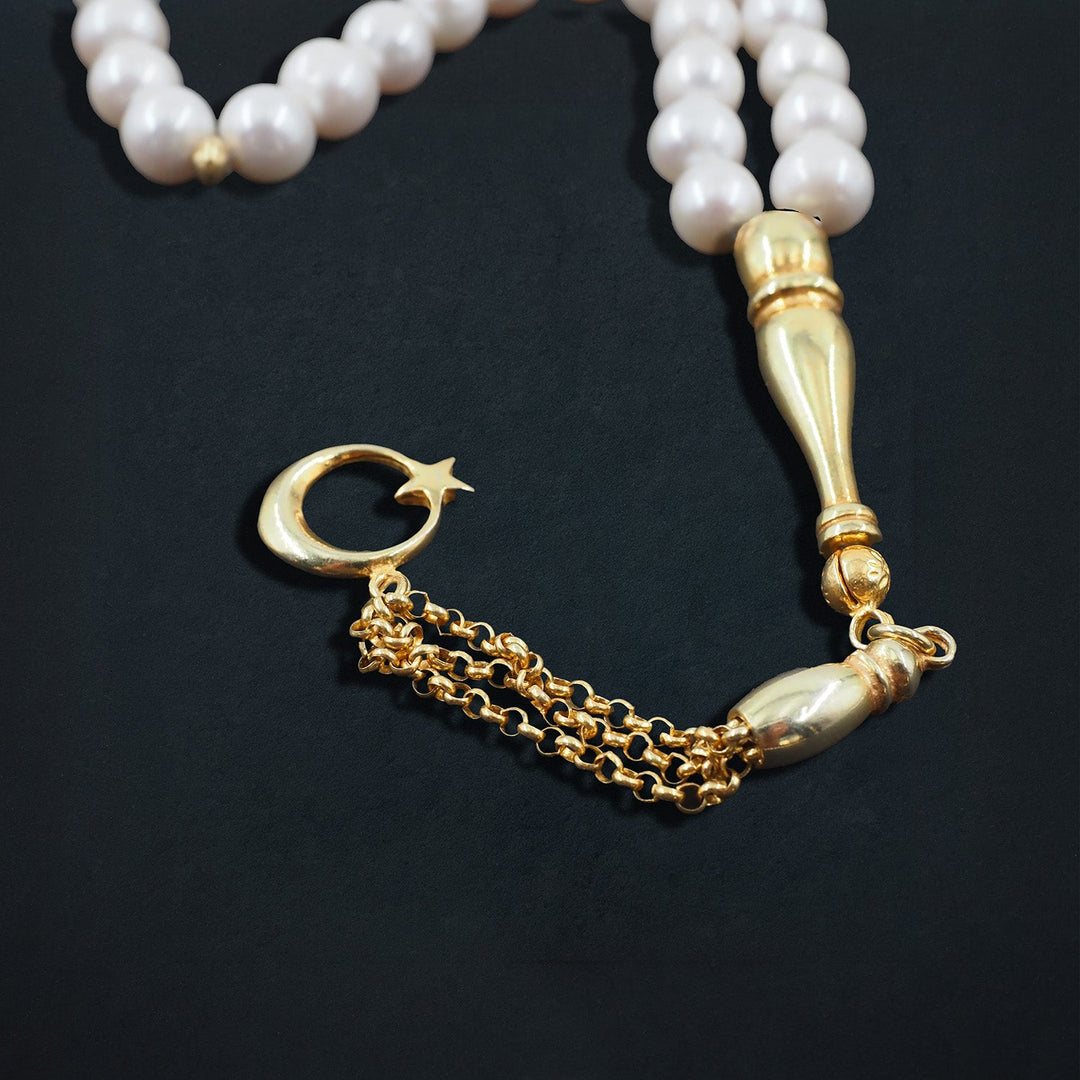 Genuine Pearl Tasbeeh with Crescent &amp; Star Theme and Gold-Plated 925 Sterling Silver Tassel - WATD651
