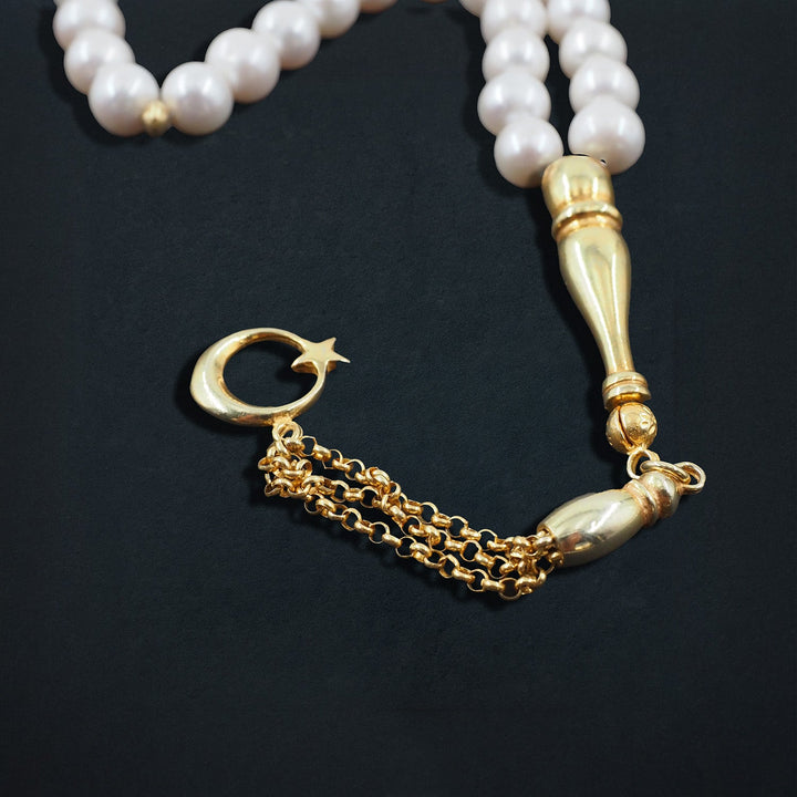 Genuine Pearl Tasbeeh with Crescent &amp; Star Theme and Gold-Plated 925 Sterling Silver Tassel - WATD651