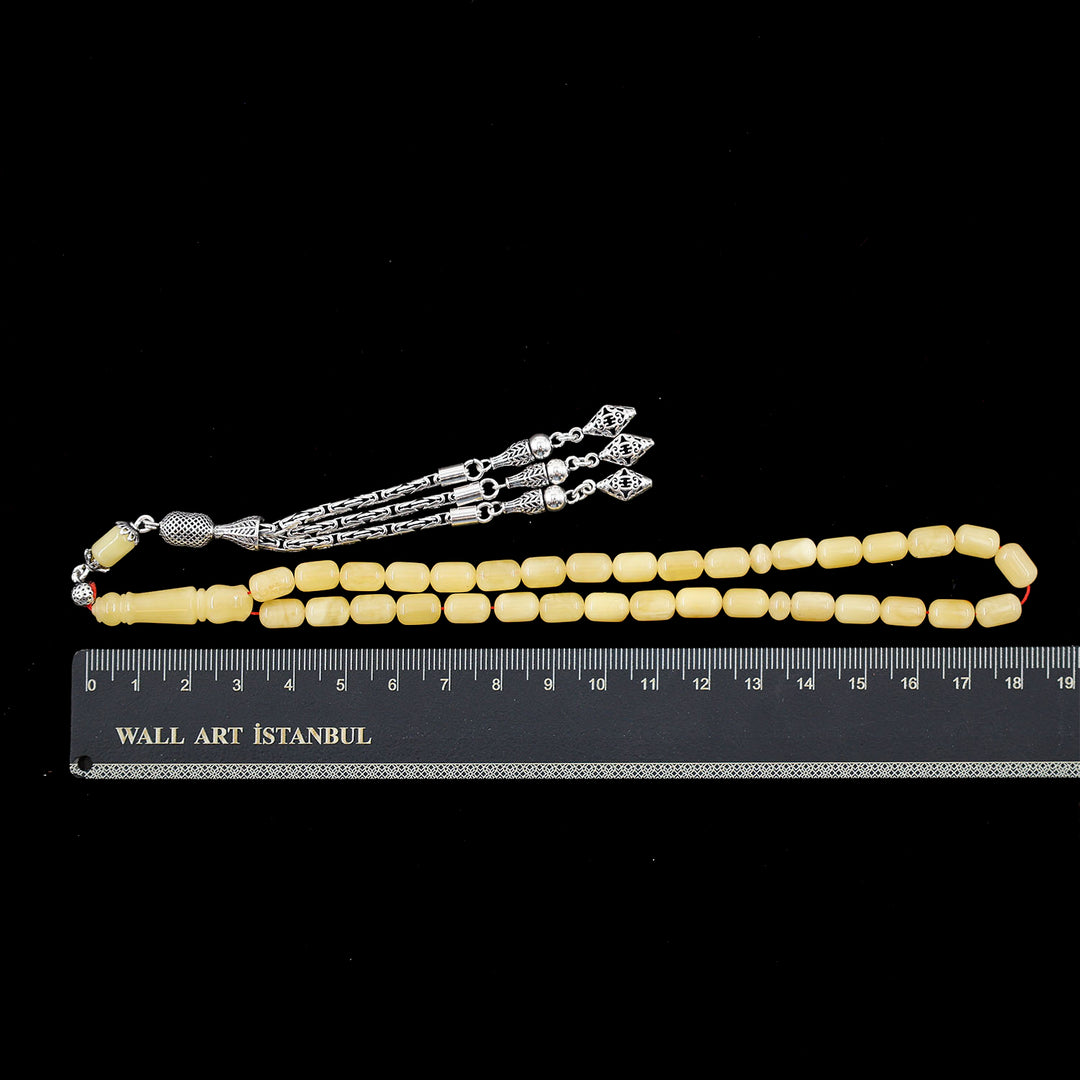Premium Natural Baltic Amber Capsule Cut Silver Tassel Tasbeeh - WATD668