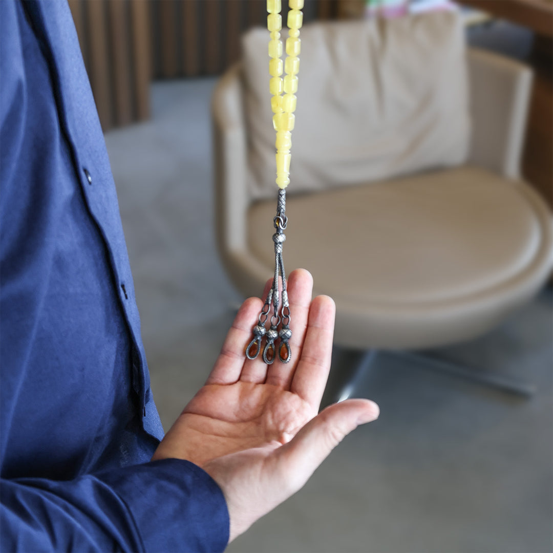 Premium Natural Baltic Amber Capsule Cut Silver Tassel Tasbeeh - WATD679