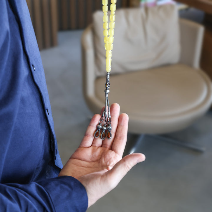 Premium Natural Baltic Amber Capsule Cut Silver Tassel Tasbeeh - WATD679