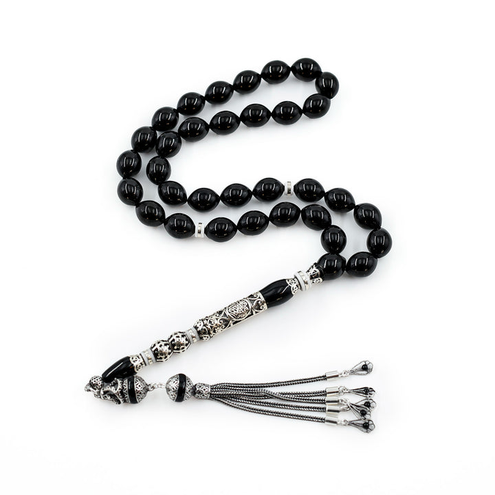 Original Erzurum Oltu Stone Jawshan Prayer Inscribed Mastercrafted Hand-Engraved Silver Imame Bead Tasbeeh – WATD684