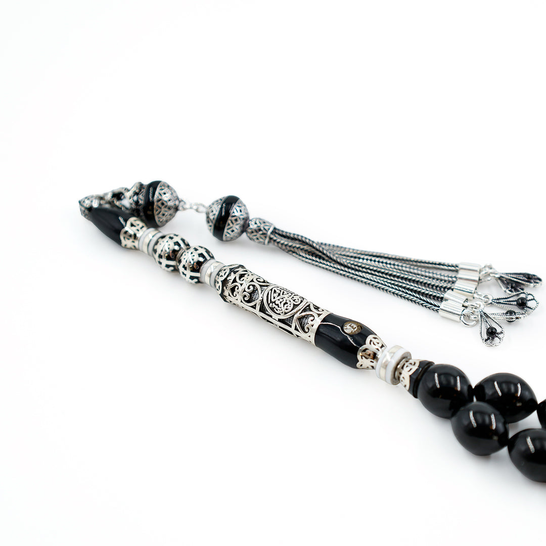 Original Erzurum Oltu Stone Jawshan Prayer Inscribed Mastercrafted Hand-Engraved Silver Imame Bead Tasbeeh – WATD684