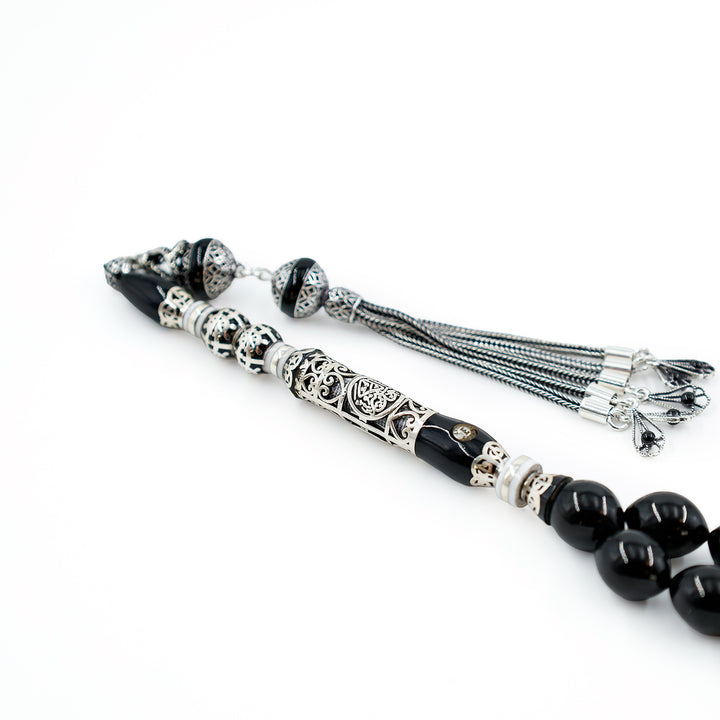 Original Erzurum Oltu Stone Jawshan Prayer Inscribed Mastercrafted Hand-Engraved Silver Imame Bead Tasbeeh – WATD684