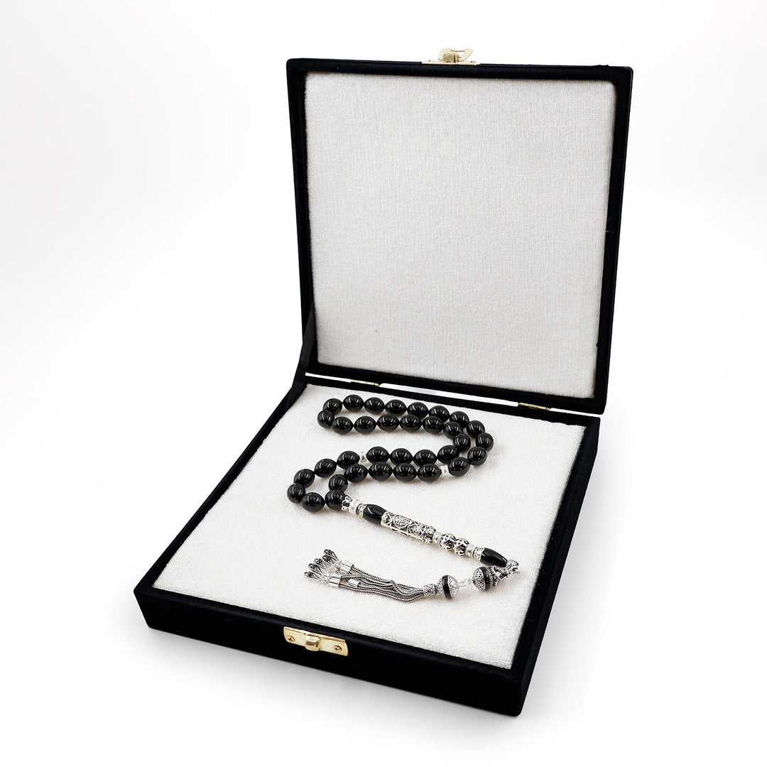 Original Erzurum Oltu Stone Jawshan Prayer Inscribed Mastercrafted Hand-Engraved Silver Imame Bead Tasbeeh – WATD684