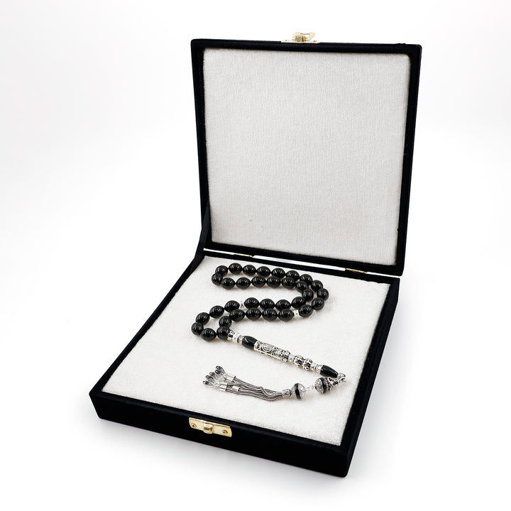 Original Erzurum Oltu Stone Jawshan Prayer Inscribed Mastercrafted Hand-Engraved Silver Imame Bead Tasbeeh – WATD684