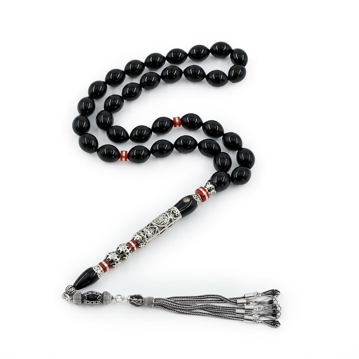 Original Erzurum Oltu Stone Jawshan Prayer Inscribed Mastercrafted Hand-Engraved Silver Imame Bead Tasbeeh – WATD685