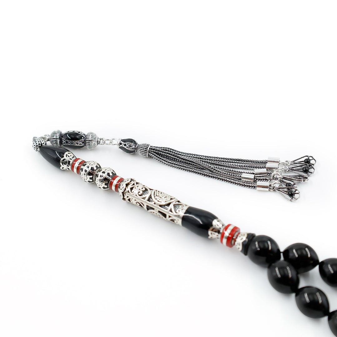 Original Erzurum Oltu Stone Jawshan Prayer Inscribed Mastercrafted Hand-Engraved Silver Imame Bead Tasbeeh – WATD685