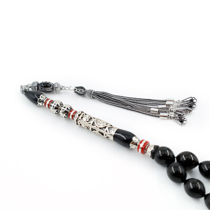 Original Erzurum Oltu Stone Jawshan Prayer Inscribed Mastercrafted Hand-Engraved Silver Imame Bead Tasbeeh – WATD685