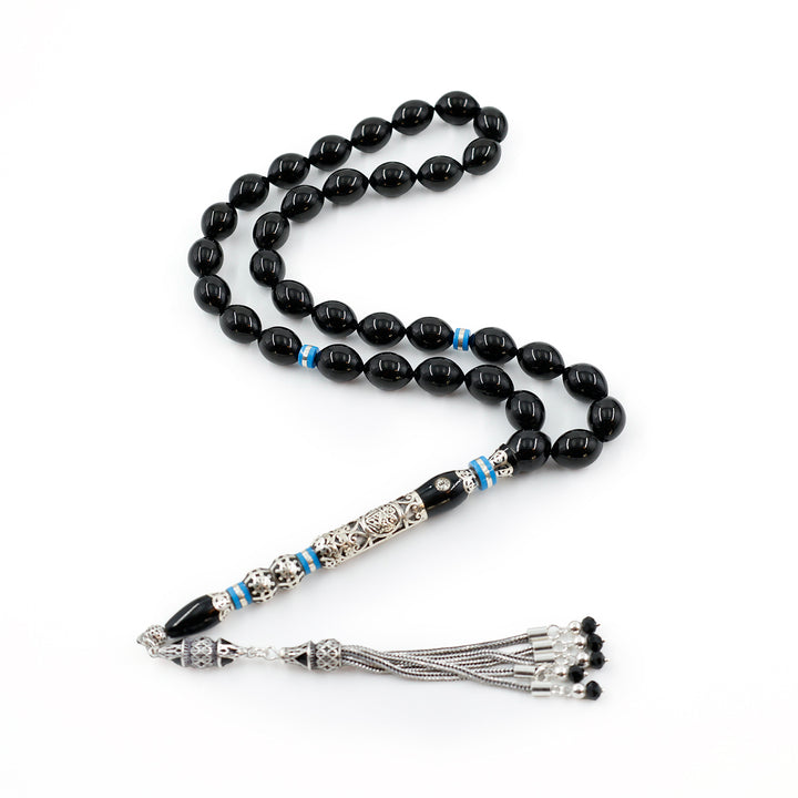 Original Erzurum Oltu Stone Jawshan Prayer Inscribed Mastercrafted Hand-Engraved Silver Imame Bead Tasbeeh – WATD686