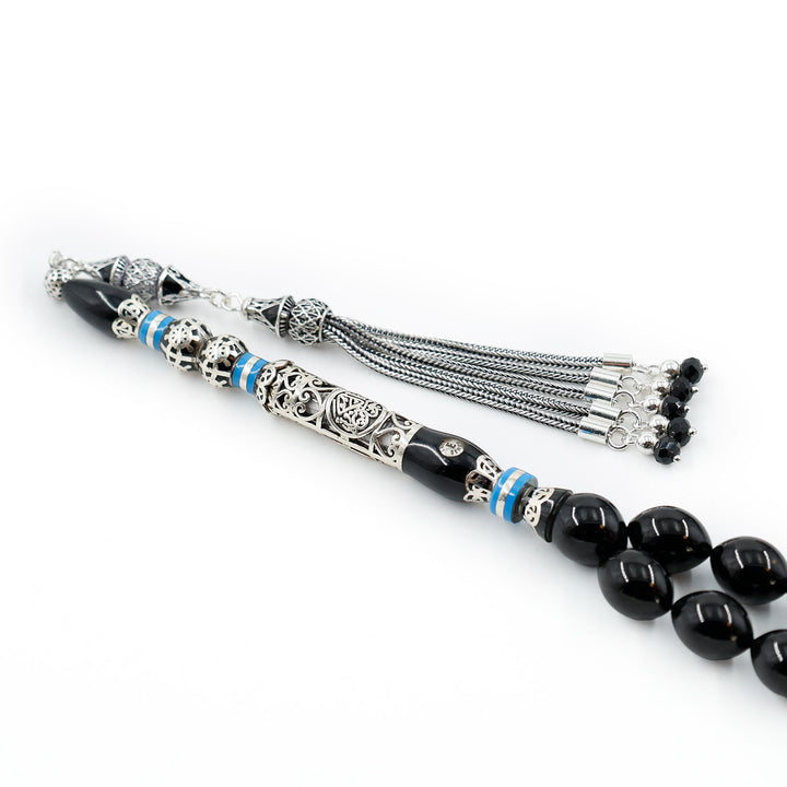 Original Erzurum Oltu Stone Jawshan Prayer Inscribed Mastercrafted Hand-Engraved Silver Imame Bead Tasbeeh – WATD686
