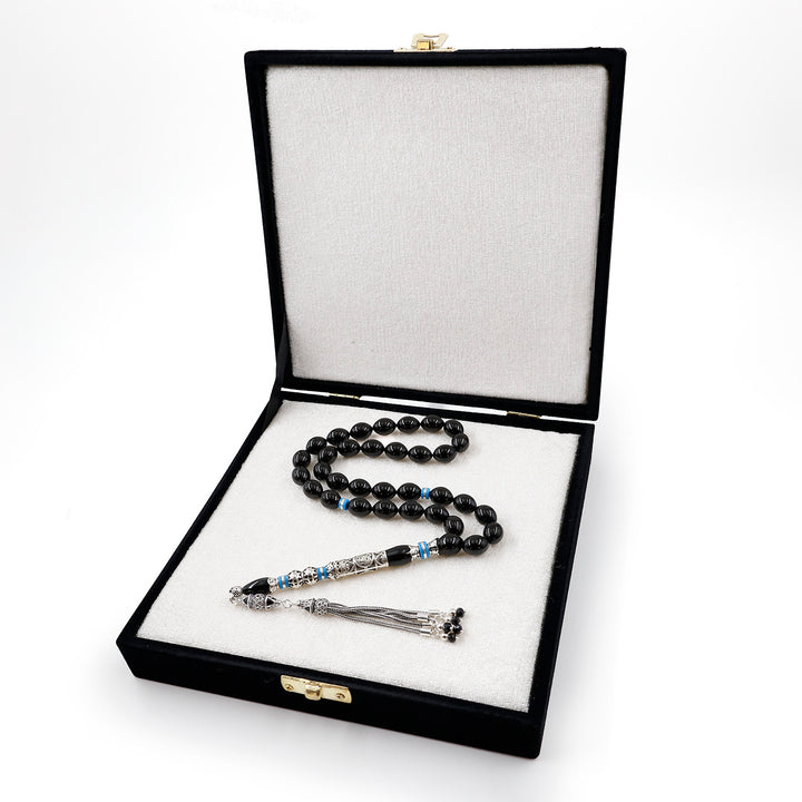 Original Erzurum Oltu Stone Jawshan Prayer Inscribed Mastercrafted Hand-Engraved Silver Imame Bead Tasbeeh – WATD686
