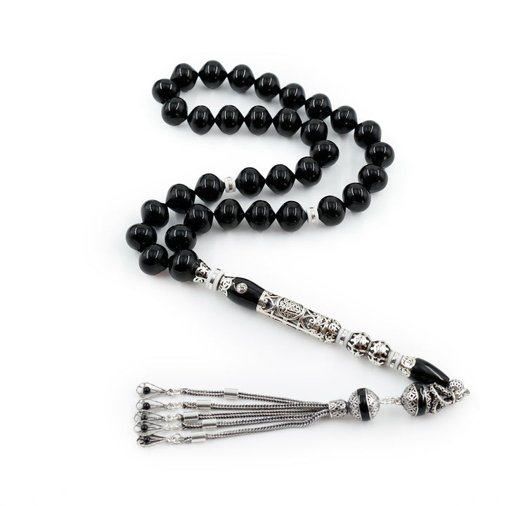 Original Erzurum Oltu Stone Jawshan Prayer Inscribed Mastercrafted Hand-Engraved Silver Imame Bead Tasbeeh – WATD687