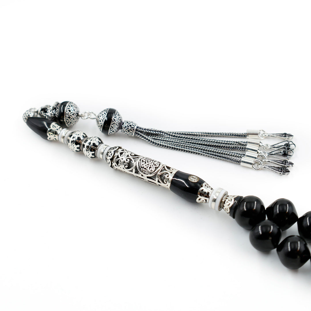 Original Erzurum Oltu Stone Jawshan Prayer Inscribed Mastercrafted Hand-Engraved Silver Imame Bead Tasbeeh – WATD687