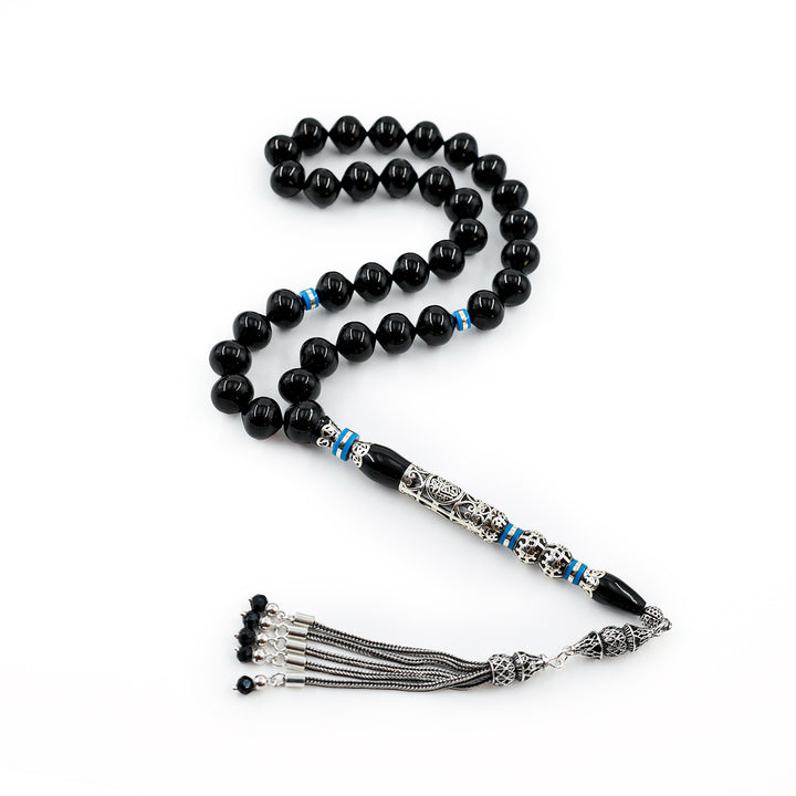 Original Erzurum Oltu Stone Jawshan Prayer Inscribed Mastercrafted Hand-Engraved Silver Imame Bead Tasbeeh – WATD688
