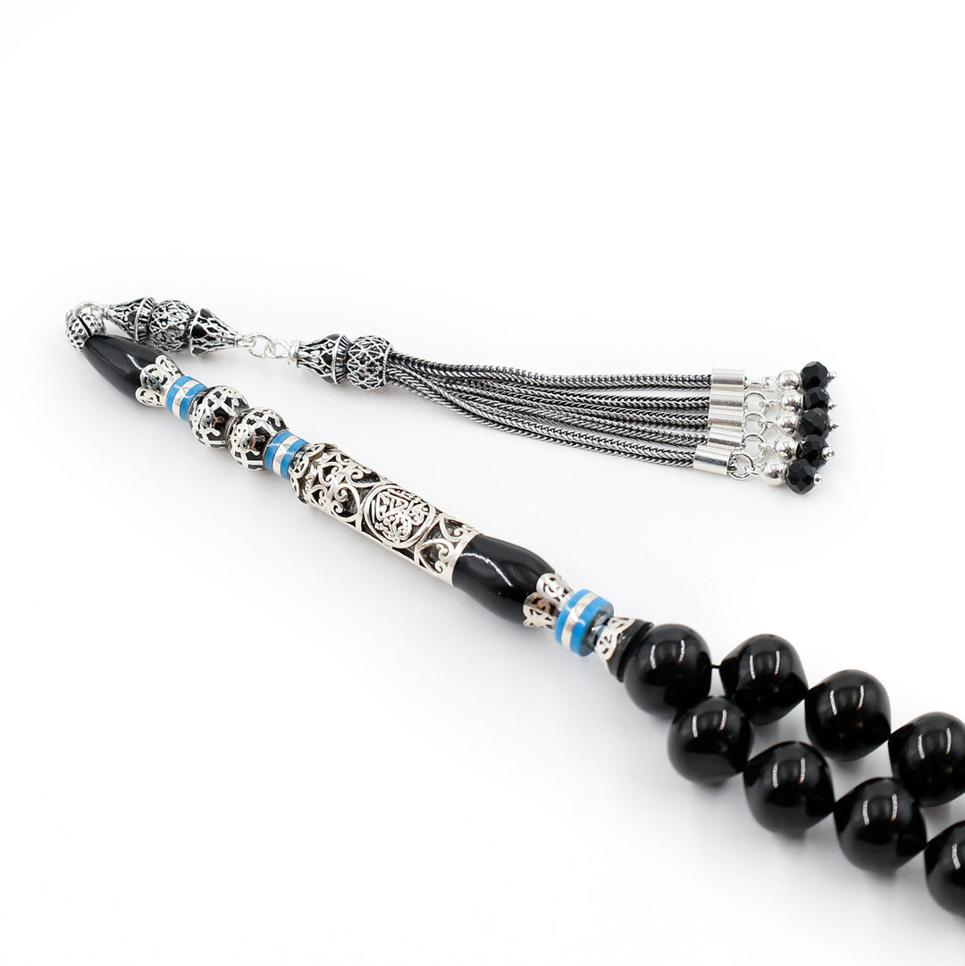 Original Erzurum Oltu Stone Jawshan Prayer Inscribed Mastercrafted Hand-Engraved Silver Imame Bead Tasbeeh – WATD688
