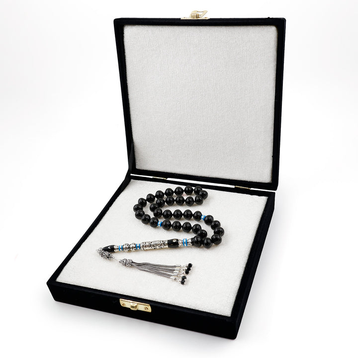 Original Erzurum Oltu Stone Jawshan Prayer Inscribed Mastercrafted Hand-Engraved Silver Imame Bead Tasbeeh – WATD688