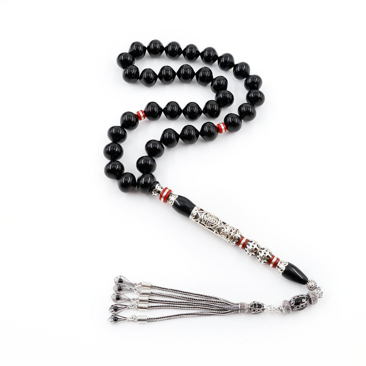 Original Erzurum Oltu Stone Jawshan Prayer Inscribed Mastercrafted Hand-Engraved Silver Imame Bead Tasbeeh – WATD689