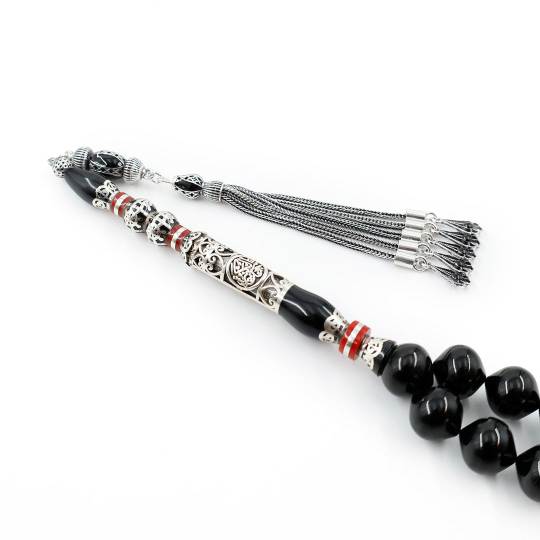 Original Erzurum Oltu Stone Jawshan Prayer Inscribed Mastercrafted Hand-Engraved Silver Imame Bead Tasbeeh – WATD689