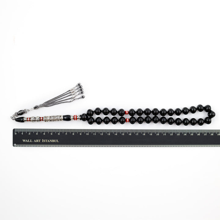 Original Erzurum Oltu Stone Jawshan Prayer Inscribed Mastercrafted Hand-Engraved Silver Imame Bead Tasbeeh – WATD689