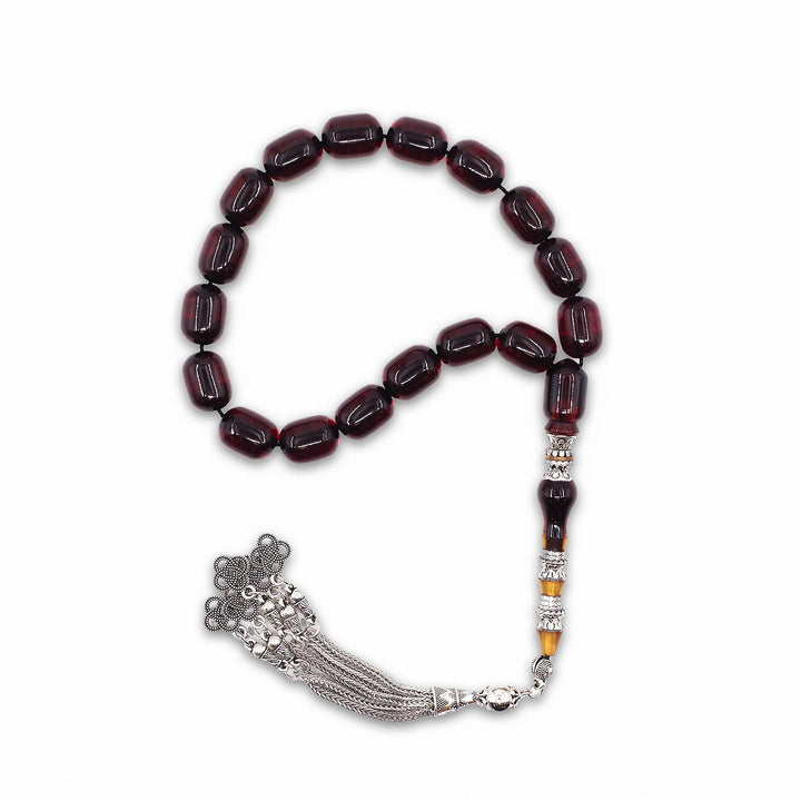 Ottoman-Style Capsule-Cut Fire Amber Tasbeeh with Engraved Imame &amp; Special Tassel - WATD935