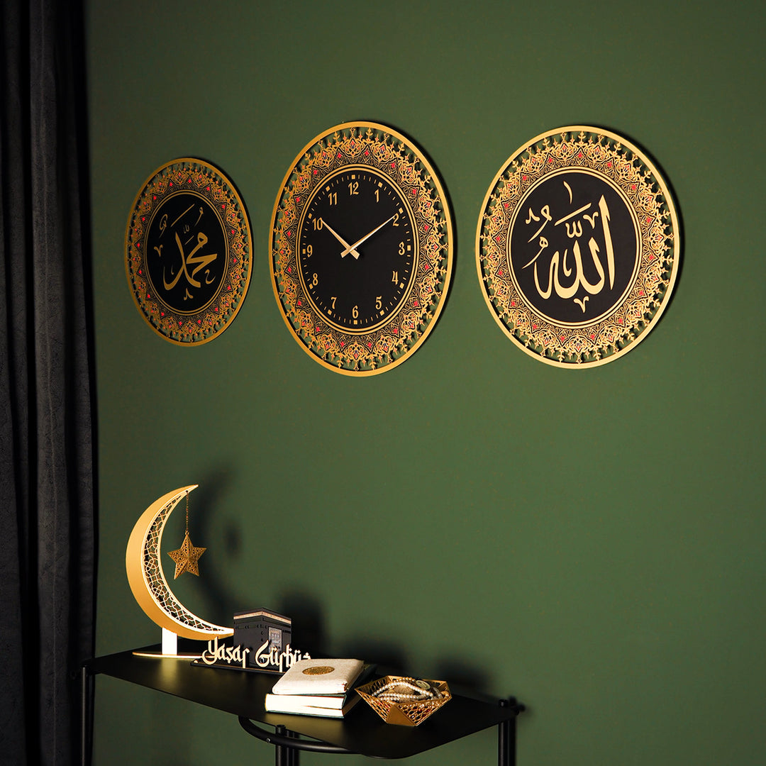 Allah, Muhammad and Clock Metal Islamic Wall Art Set of 3 - WAM219