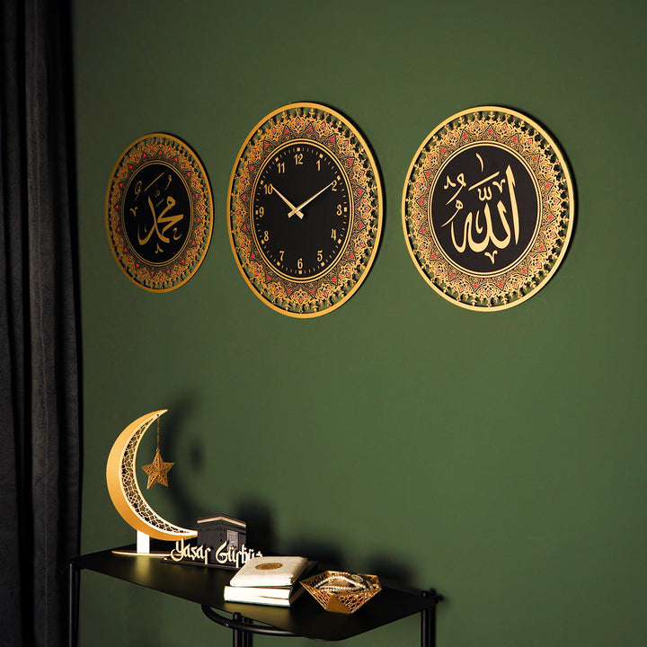 Allah, Muhammad and Clock Metal Islamic Wall Art Set of 3 - WAM219