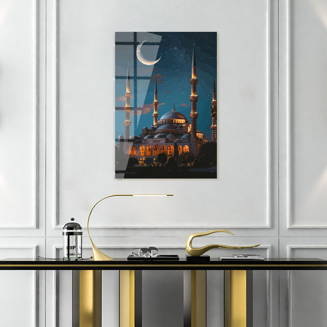 Blue Mosque in Moonlight Glass Wall Art - WTC060