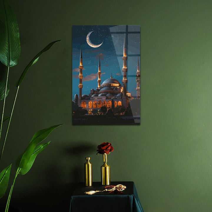 Blue Mosque in Moonlight Glass Wall Art - WTC060