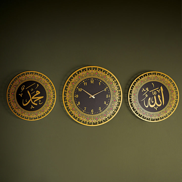 Allah, Muhammad and Clock Metal Islamic Wall Art Set of 3 - WAM219