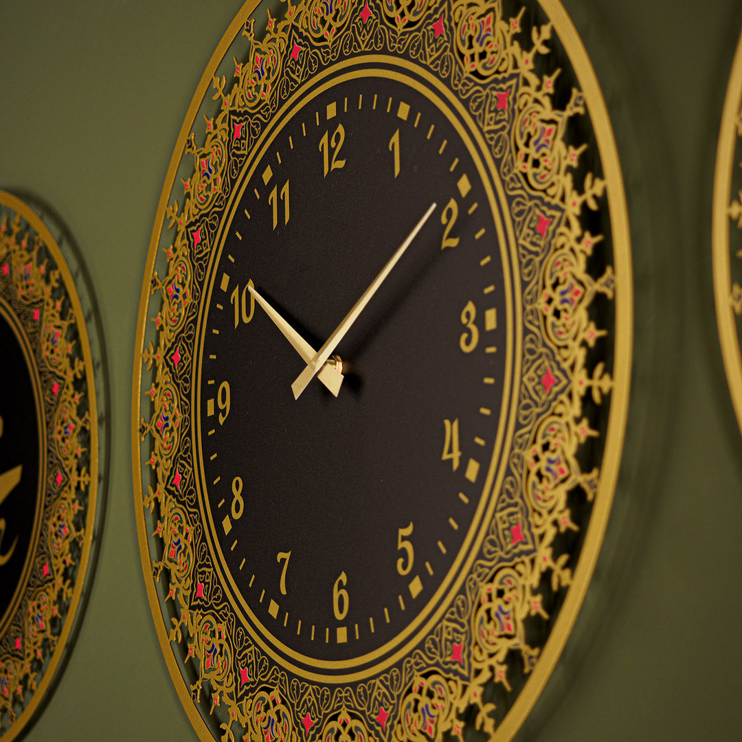 Allah, Muhammad and Clock Metal Islamic Wall Art Set of 3 - WAM219
