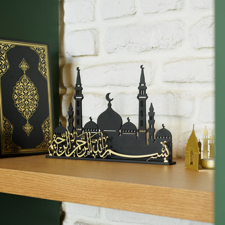 Bismillah Written Metal Islamic Tabletop Decor with Mosque Silhouette - WAMH139