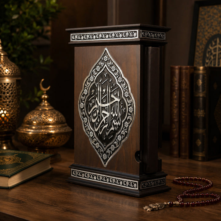 Premium Wooden Quran Box and Quran with Silver Engravings - WAP015