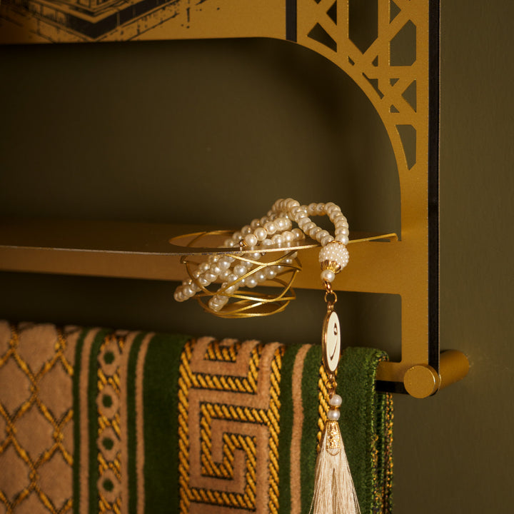 Metal Prayer Rug Holder & Islamic Wall Shelf with Kaaba & Salah Dua - WAMH180