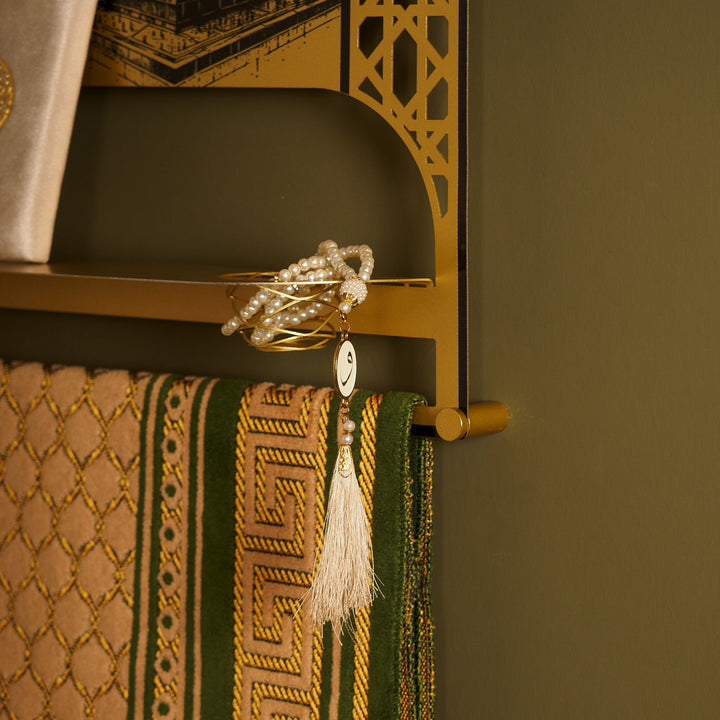 Metal Prayer Rug Holder & Islamic Wall Shelf with Kaaba & Salah Dua - WAMH180