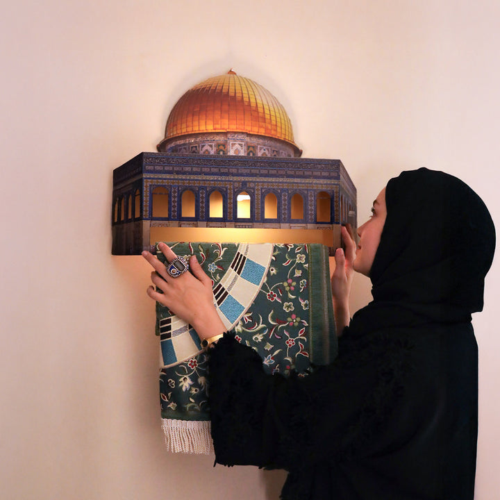 3D Metal Prayer Rug Holder &amp; Wall Shelf with Al-Masjid Al-Aqsa - WAMH181